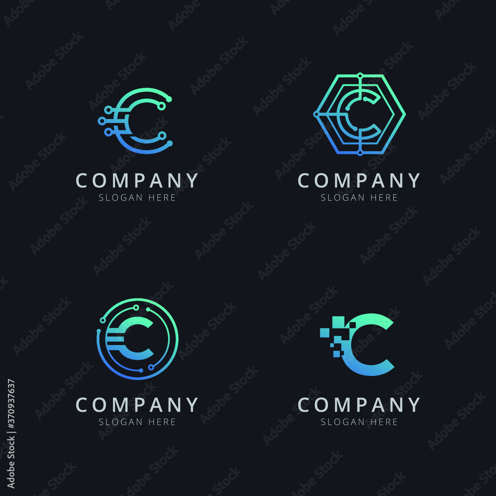 Obraz premium Initial C logo with technology elements in blue color 