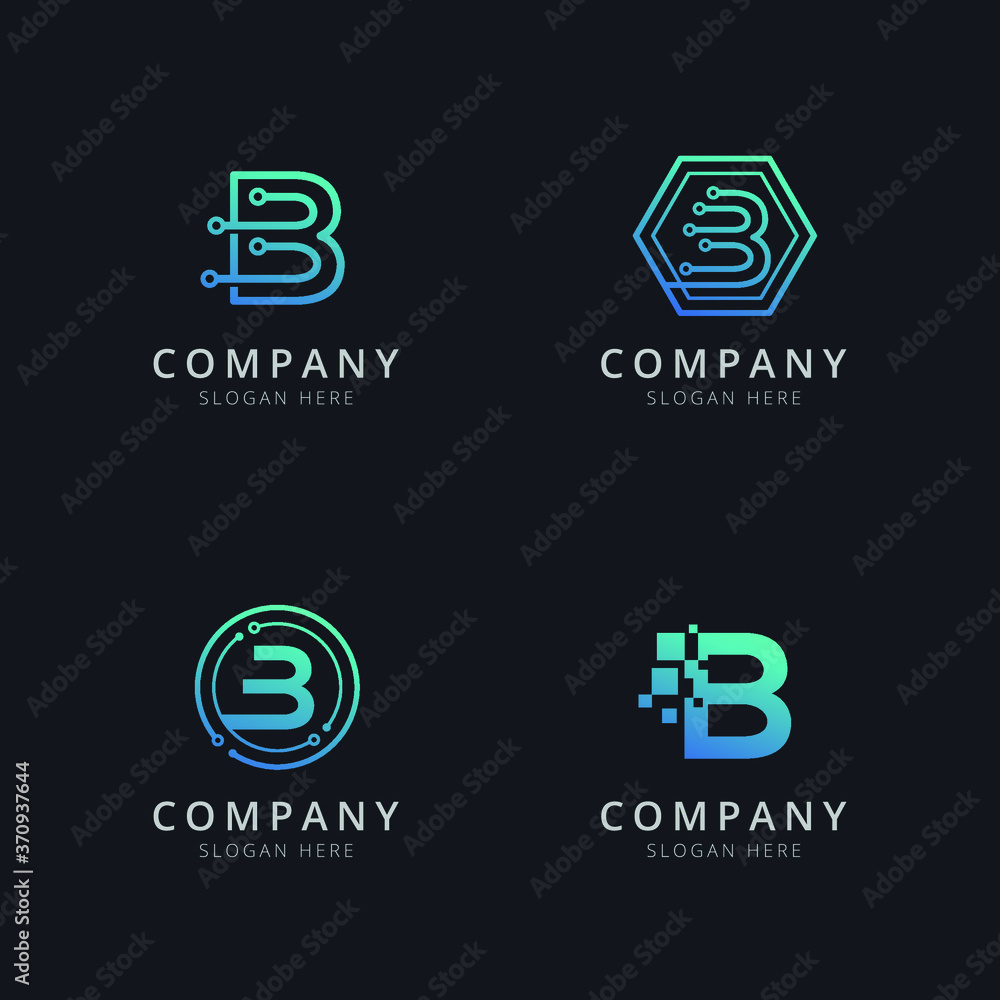 Initial B logo with technology elements in blue color Initial B logo with technology elements in blue color