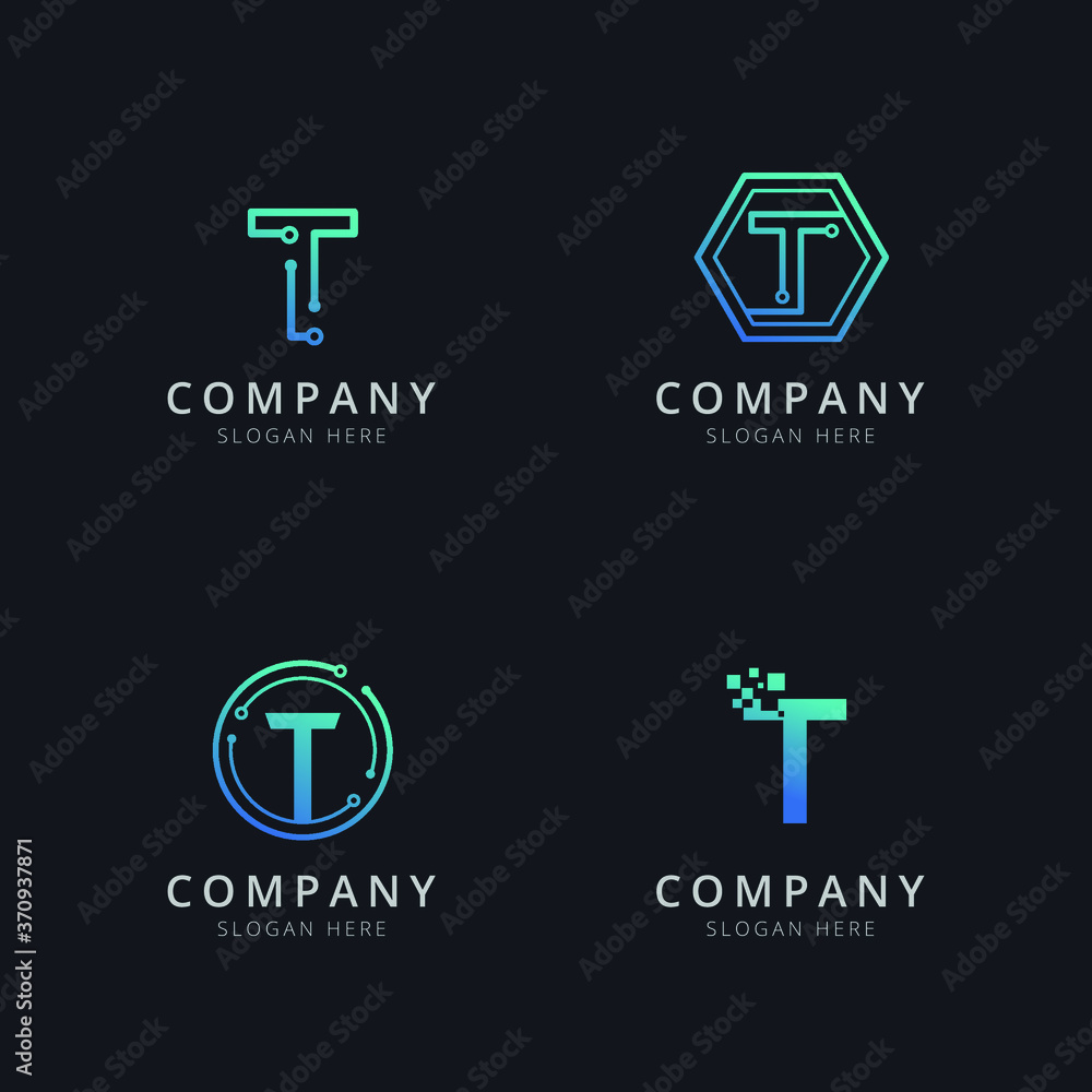 Initial T logo with technology elements in blue color Initial T logo with technology elements in blue color