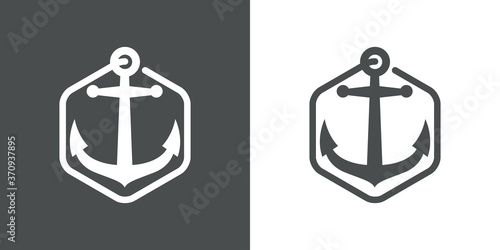 Logotipo estilo nautical. Icono plano ancla en hexágono lineal como cuerda en fondo gris y blanco