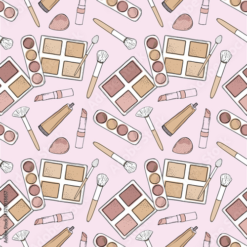 Seamless pattern beauty cosmetic makeup hand draw. Women and girl elegant design.