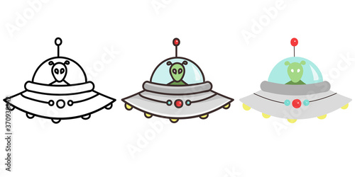 vector alien in a flying saucer in three styles - Doodle, cartoon, flat.Hand drawn ufo. Cosmos elements and objects. Line and outline monster in spaceship.isolated on white background.