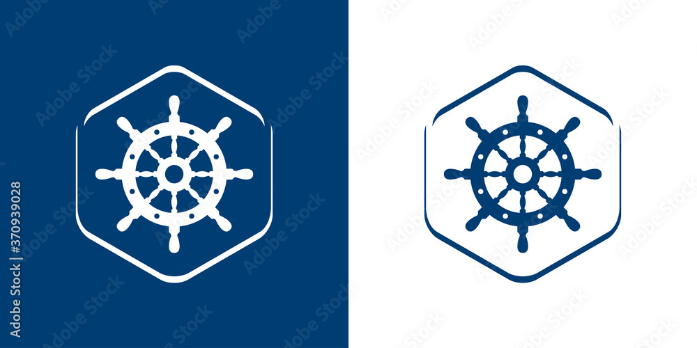 Logotipo estilo nautical. Icono plano timón en hexágono lineal en fondo azul marino y blanco Logotipo estilo nautical. Icono plano timón en hexágono lineal en fondo azul marino y blanco