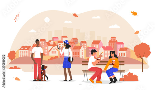 People in autumn city vector illustration. Cartoon flat happy man woman character walking with dog, couple dating, sitting on bench with hot coffee in hands, autumnal urban city park isolated on white