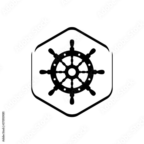 Logotipo estilo nautical. Icono plano timón en hexágono lineal en color negro