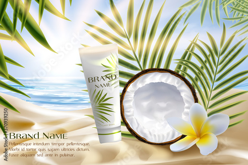 Coconut cosmetics product package vector illustration. Realistic tube packaging for beauty procedures on sea beach and palm leaves, moisturizer cream, gel or milk body lotion with natural coconut oil
