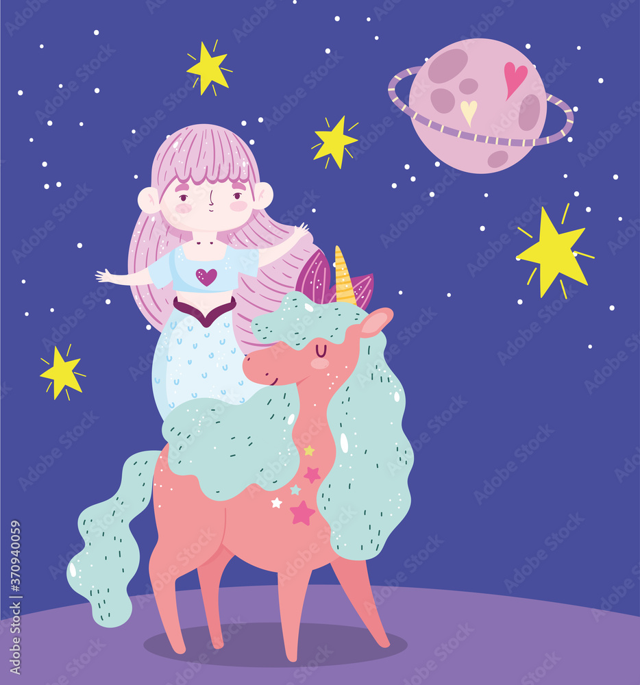 unicorn and mermaid saturn planet stars dream cartoon Stock Vector | Adobe  Stock