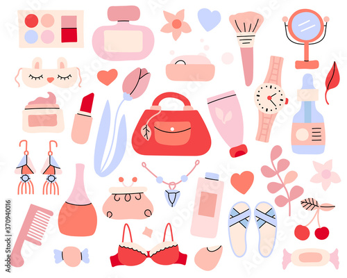 Set of doodle pink and red beauty elements. Vector illustration. Line and outline  collection cosmetics. Isolated on white background. Hand drawn makeup tools. For design, graphic, web. 
