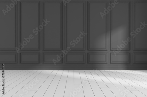 3D render of empty room with wooden floor and classic wall. 