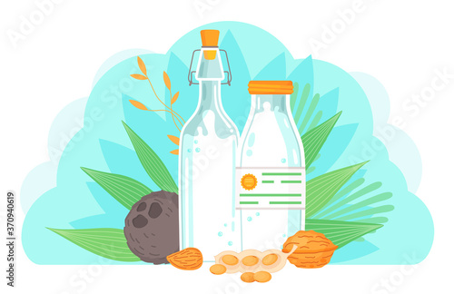 Plant-based vegan nutty milk. Healthy cow alternative to lactose milk, an environmentally friendly product lactose free. Milk replacement banner with milk in bottle, almond nuts, peanut and coconut