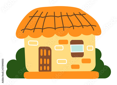 Thatched house, traditional house of Jeju island, stone house or building with thatched roof, isolated korean symbol. Seongeup folk village, popular place for visiting tourists in South Korea