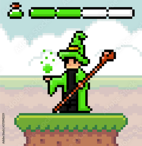 Wizard or mage in green mantle and hat with a staff. Man conjures, force line with poison. Pixel character for mobile game, 8bit abstract object. Icon for computer, phone game, videogame in 80s style