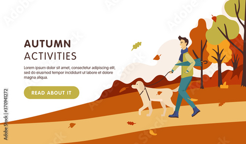 Spring activities landing page template. Man with umbrella and walking with a dog in the autumn park. Vector flat cartoon illustration