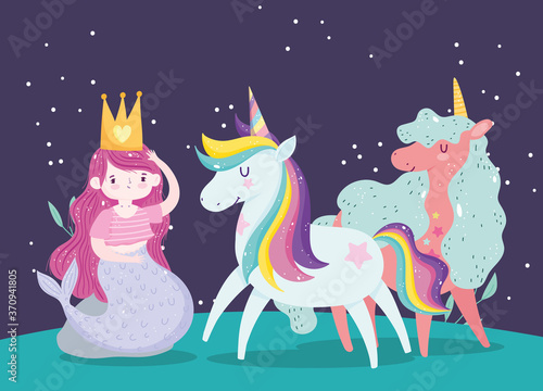 unicorns and mermaid with crown princess magic cartoon