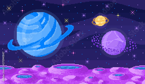 Space planet in pixel art. Background of space planet. Crater landscape with mountains, planet and stars. Pixelated location for game or application. 8 bit video game. Galaxy area with few planets