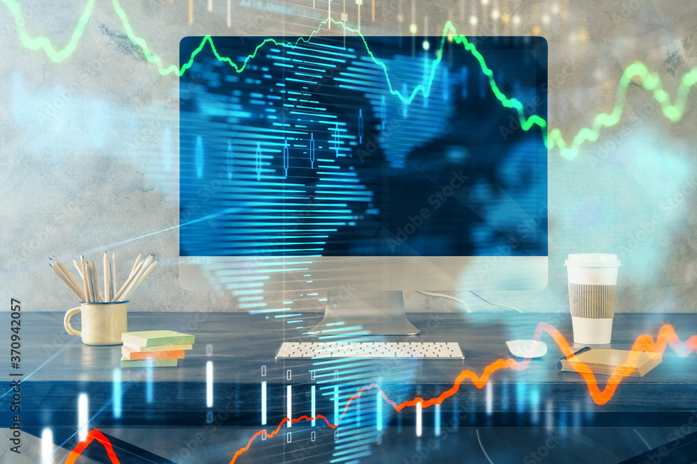 Financial chart drawing and table with computer on background. Multi exposure. Concept of international markets. Financial chart drawing and table with computer on background. Multi exposure. Concept of international markets.