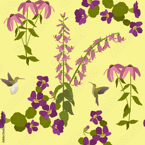 Seamless vector illustration of nasturtium flowers, campanula and birds
