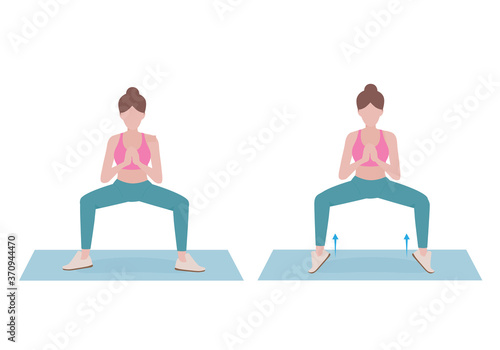 Woman doing exercises.  Benefits, doing Sumo Squat is a great lower-body strength exercise that emphasizes the muscles of the inner thigh. Isolated vector illustration in cartoon style