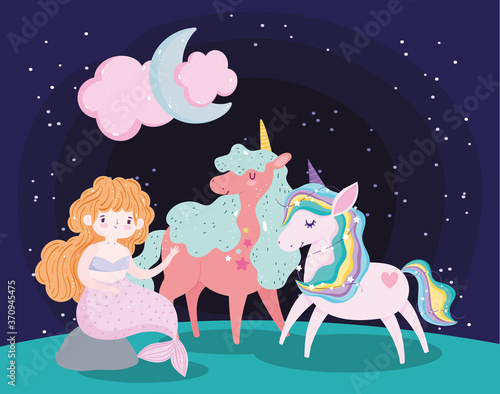 unicorns playing with mermaid characters magic dream cartoon