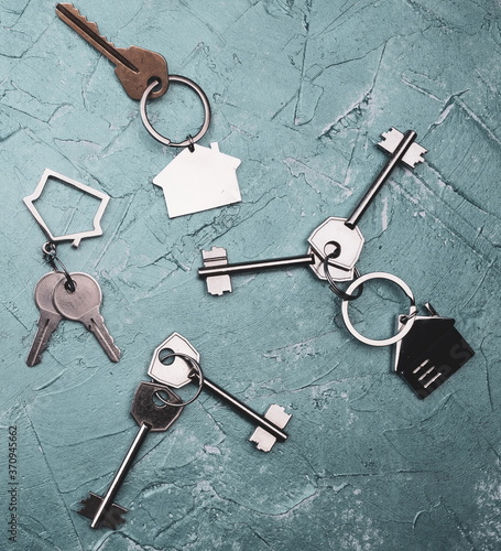 House key with home keyring. Close up photo. Renting property and real estate concept © Renat