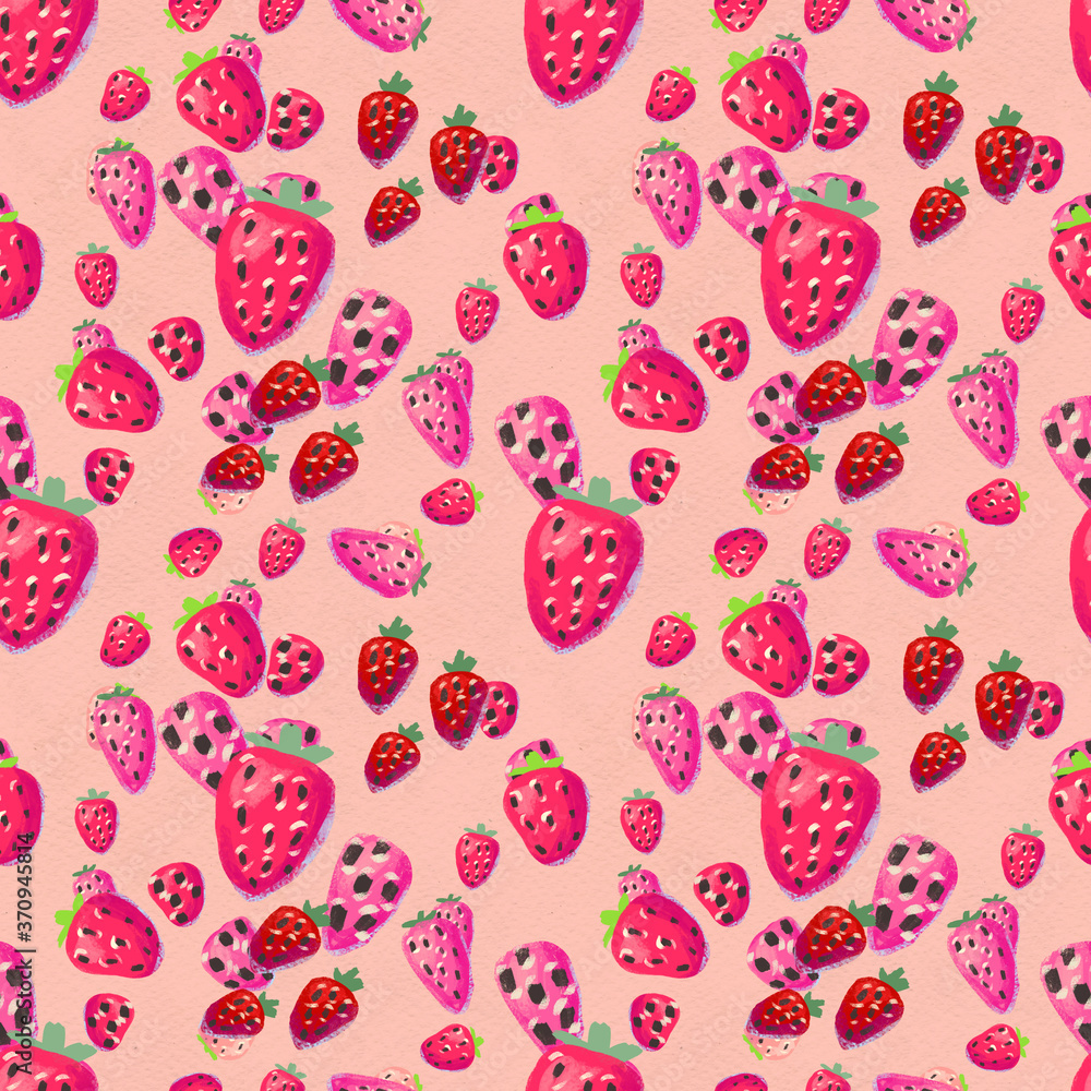 Seamless pattern with ripe strawberry. Hand drawn texture with berries watercolor background