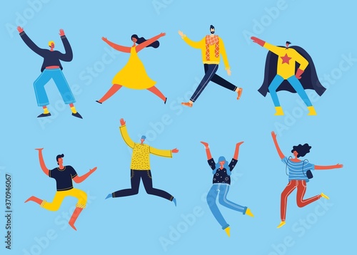 Enjoy your life. Concept of young people jumping on blue background and enjoing life in the flat design