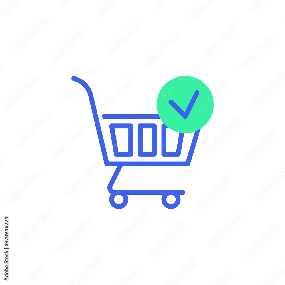 Shopping cart check mark icon vector, filled flat sign, purchase confirmation bicolor pictogram, green and blue colors. Symbol, logo illustration Shopping cart check mark icon vector, filled flat sign, purchase confirmation bicolor pictogram, green and blue colors. Symbol, logo illustration