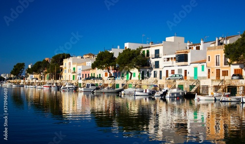 Boats in the port of Porto Colom on the island of Mallorca in the Mediterranean Sea in Spain.