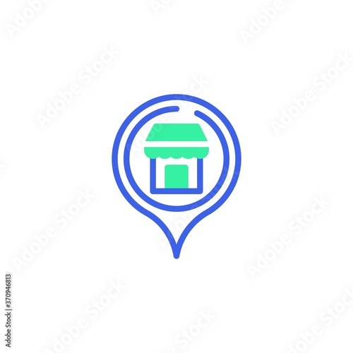 Map marker with shop icon vector, filled flat sign, supermarket geo position bicolor pictogram, green and blue colors. Symbol, logo illustration