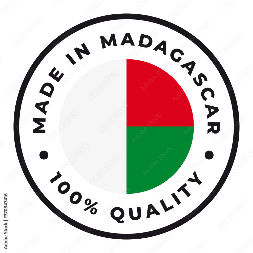 Vector circle symbol. Text Made in Madagascar with flag. Isolated on white background. Vector circle symbol. Text Made in Madagascar with flag. Isolated on white background.