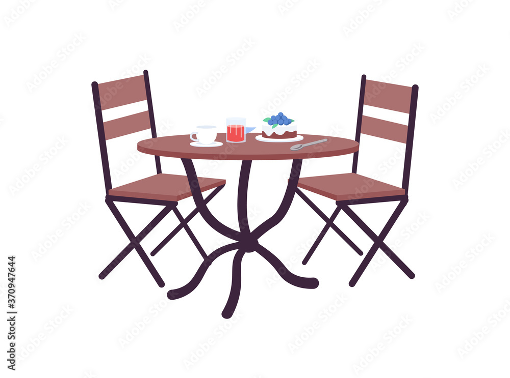 Fototapeta premium Cafe table with order flat color vector object. Restaurant romantic dinner. Bakery lunch for date. Served coffee shop dessert isolated cartoon illustration for web graphic design and animation