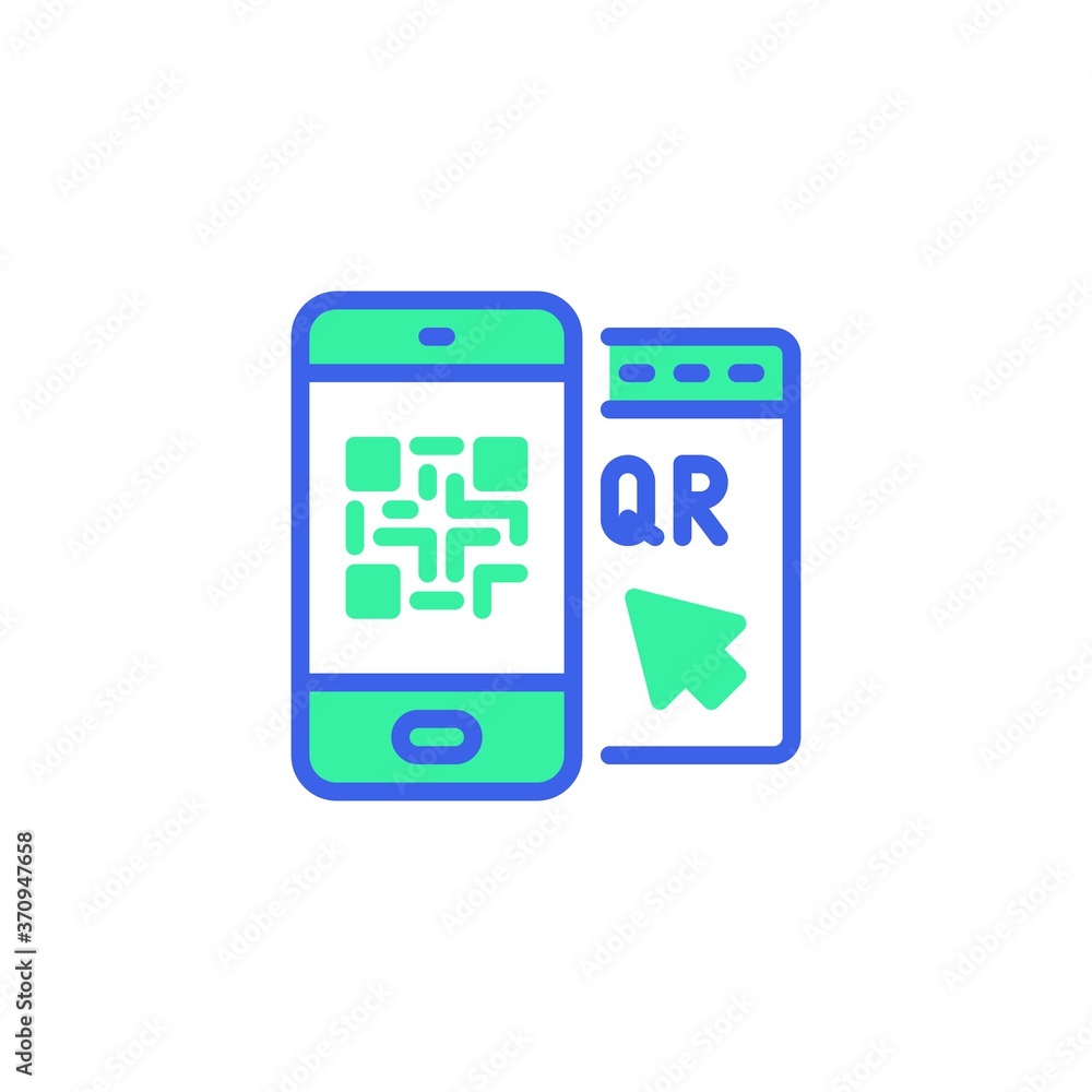Barcode scanner phone icon vector, filled flat sign, smartphone QR code bicolor pictogram, green and blue colors. Symbol, logo illustration Barcode scanner phone icon vector, filled flat sign, smartphone QR code bicolor pictogram, green and blue colors. Symbol, logo illustration