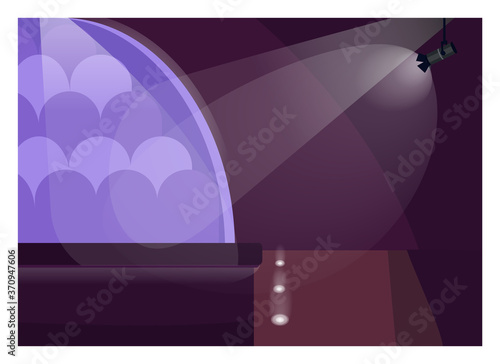 Concert stage flat color vector illustration. Nightclub performance spot with spotlight. Theater place for announcement. Premier hall. Club 2D cartoon interior with drapery on background