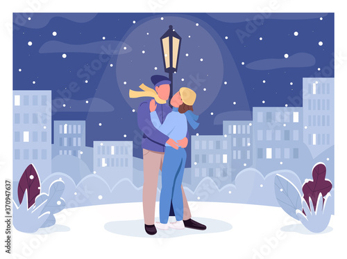 Winter romantic evening flat color vector illustration. Man hug woman in snowfall. People in urban park under glowing lamp pole. Couple 2D cartoon characters with cityscape on background