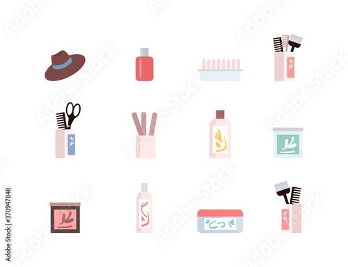 Hair care products flat color vector objects set. Hairdresser equipment. Brushes and combs for hairstyling isolated cartoon illustration for web graphic design and animation collection