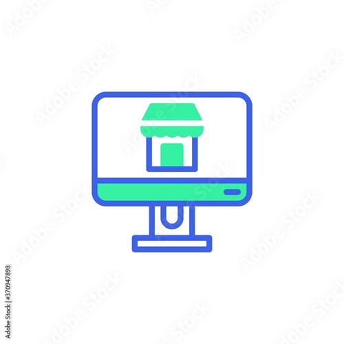 Computer monitor with shop icon vector, filled flat sign, shop online bicolor pictogram, green and blue colors. Symbol, logo illustration