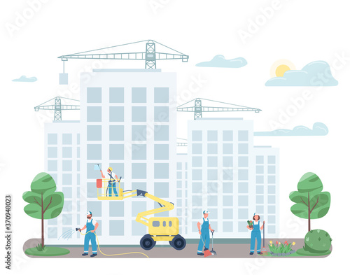 Janitorial team cleaning street flat color vector faceless characters. Janitors on construction site isolated cartoon illustration for web graphic design and animation. Commercial cleaning service