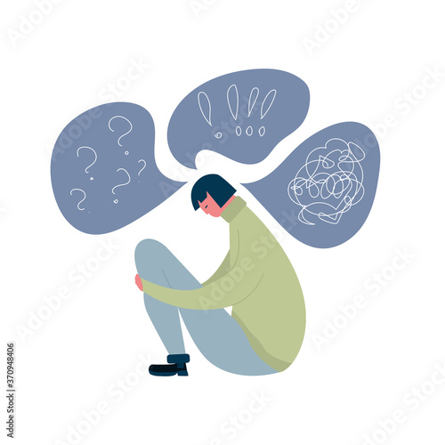 Cartoon young woman has a convoluted mind. The person experiences sadness. A hand-drawn girl suffers from a depressive disorder. Psychological problem. Vector illustration. All elements are isolated.