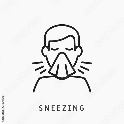 Man cover cough and sneeze with napkin line vector icon illustration designed as pictogram of flu sick or cold symptom. Face safety hygiene sign due coronavirus - medical poster linear logo design V1