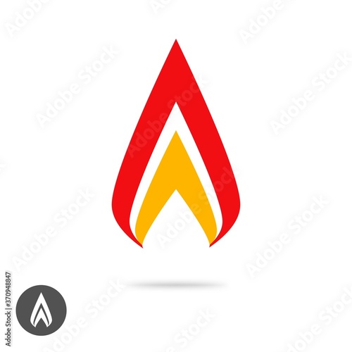 Logo flame fire geometric or spear sharp logotype icon vector flat cartoon, energy ignite blaze abstract symmetric symbol sign isolated, black and white shape silhouette