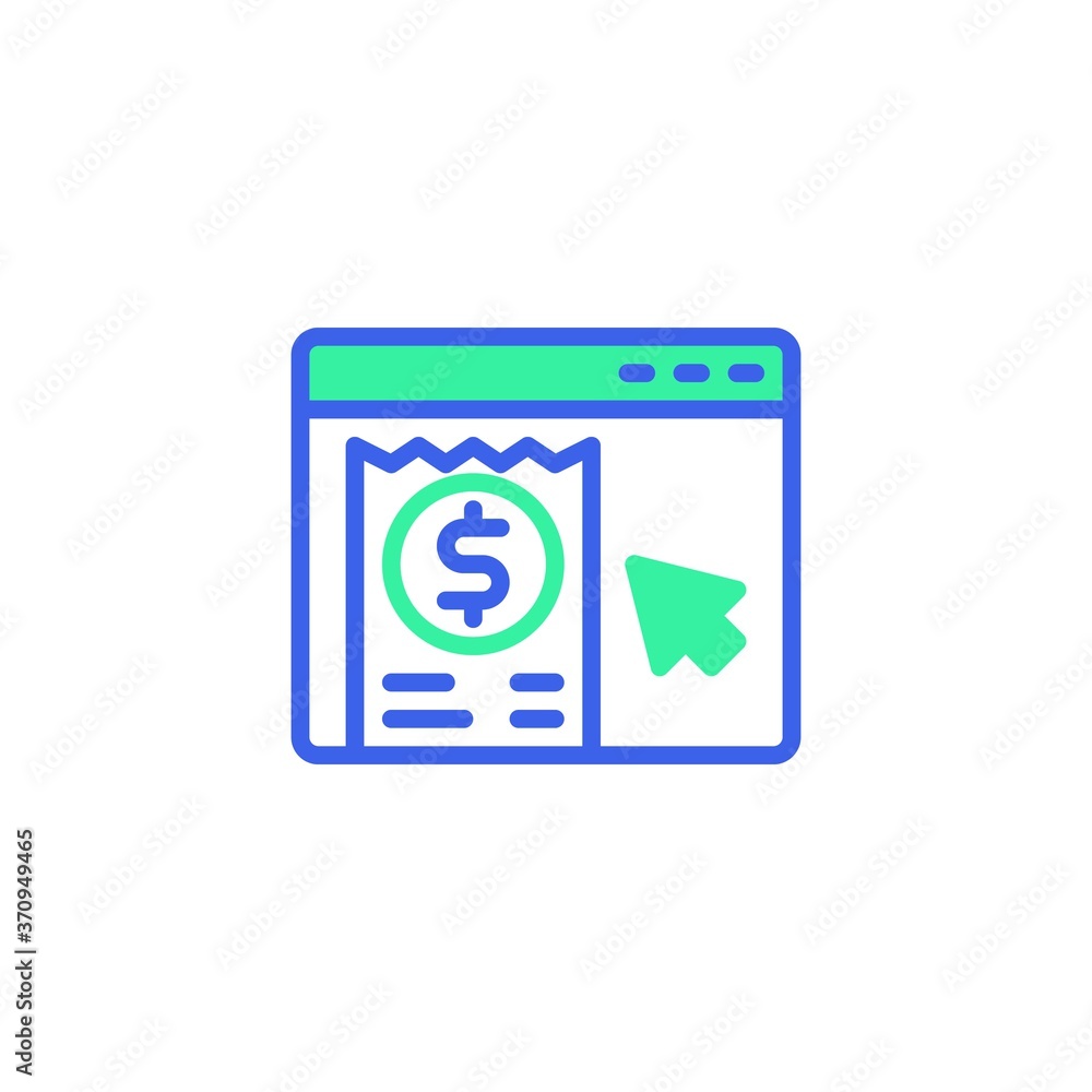 Online shopping invoice icon vector, filled flat sign, online bill payment bicolor pictogram, green and blue colors. Symbol, logo illustration Online shopping invoice icon vector, filled flat sign, online bill payment bicolor pictogram, green and blue colors. Symbol, logo illustration