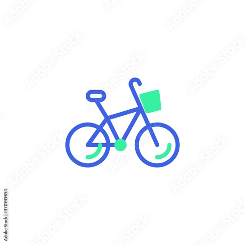 Bicycle with basket icon vector, filled flat sign, delivery bicycle bicolor pictogram, green and blue colors. Symbol, logo illustration