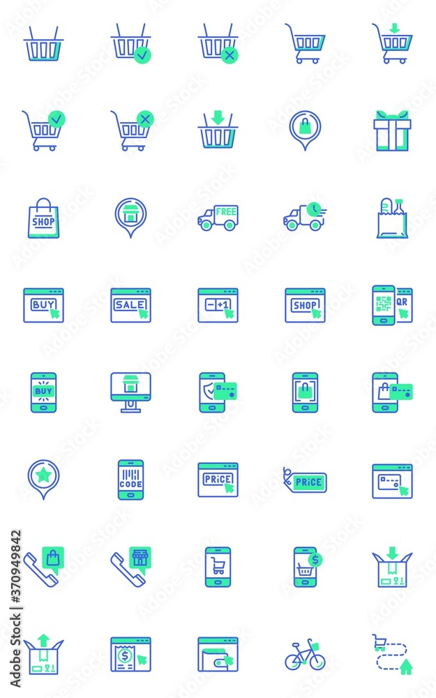 Shopping and e-commerce vector icons set, modern solid bicolor symbol collection, filled style pictogram pack. Signs, logo illustration. Set includes icons as parcel delivery service, one click buy Shopping and e-commerce vector icons set, modern solid bicolor symbol collection, filled style pictogram pack. Signs, logo illustration. Set includes icons as parcel delivery service, one click buy