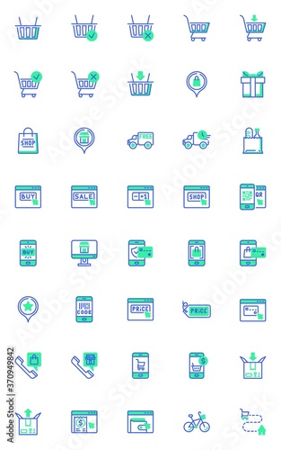 Shopping and e-commerce vector icons set, modern solid bicolor symbol collection, filled style pictogram pack. Signs, logo illustration. Set includes icons as parcel delivery service, one click buy