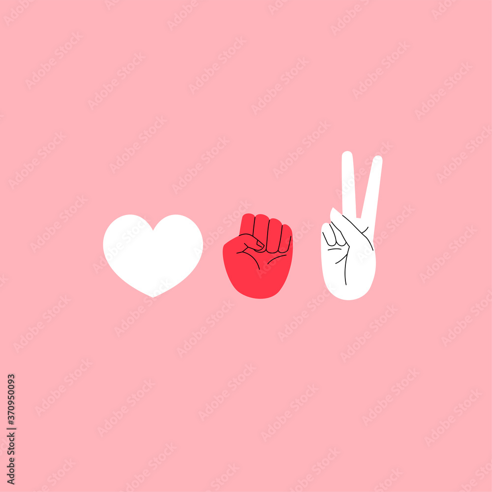 Obraz premium Belarus united opposition symbols flat illustration. Heart symbol, fist and victory gesture in Belarus white-red-white national flag colors. Freedom for Belarus
