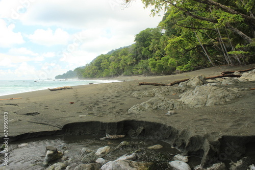 Tropical beach view from the jungle with palm trees, lianes and waves in a National Park in Costa Rica photo