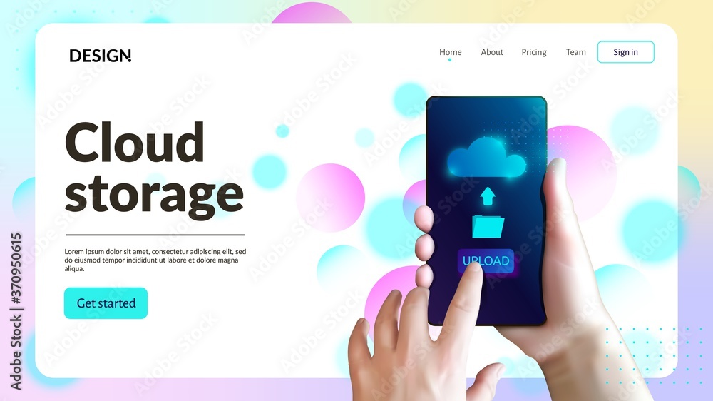 Cloud storage web site template. Landing page header. Hand holding smartphone and sends files to cloud storage. Vector 3d illustration. Cloud data services. Cloud storage web site template. Landing page header. Hand holding smartphone and sends files to cloud storage. Vector 3d illustration. Cloud data services.