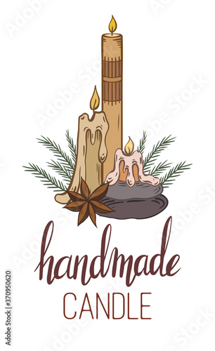 Handmade candles. Vertical card with sketch candles, star anise, stones, juniper branches and lettering. Hobbies and hobbies. Vector element for postcards, banners, and your creativity