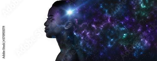 Black woman profile with space background, panorama