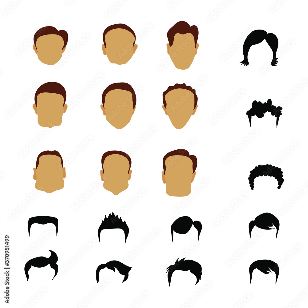 Set of different men's haircuts. Stylish design. Male heads in vector